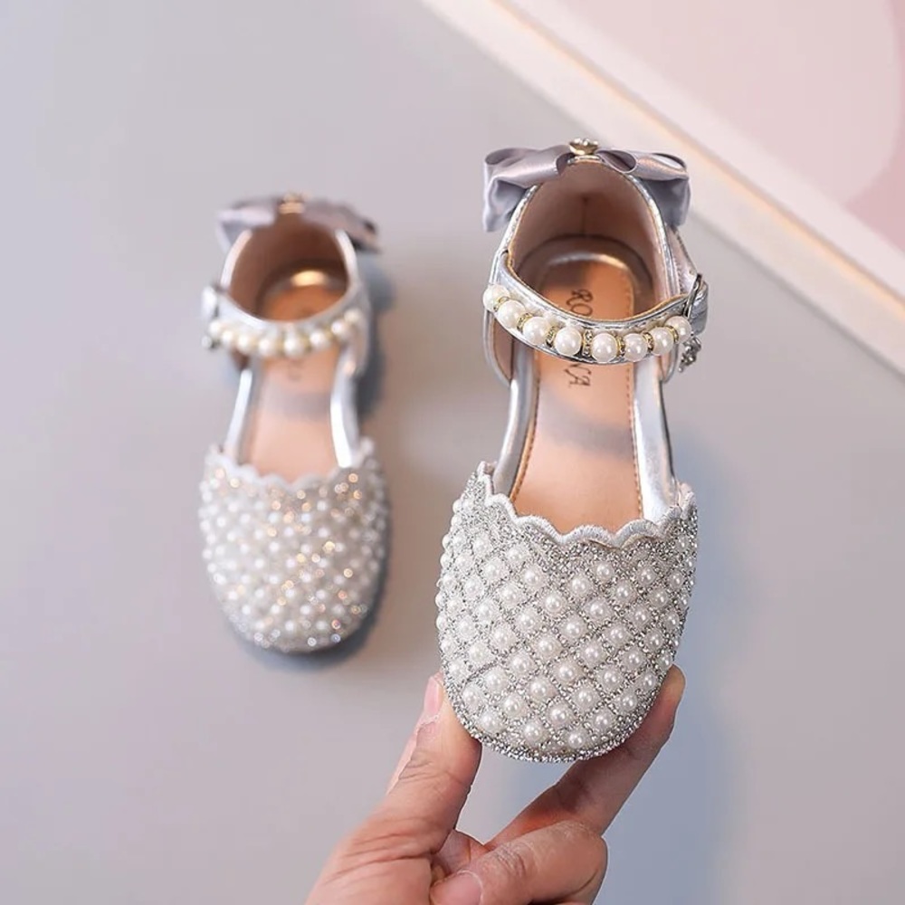 Girls Mary Jane Ballerina Flat Dress Shoes Pearl Rhinestone Glitter flats